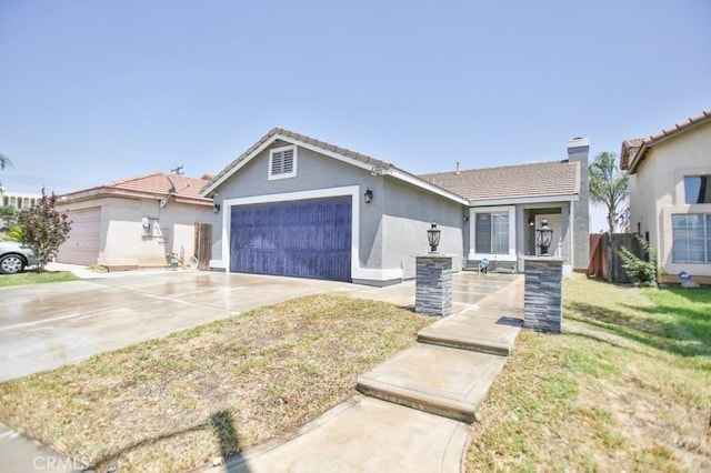 1385 Orange Grove Ave, Colton, CA 92324 - single story home featuring an attached garage, stucco siding, concrete driveway, a tile roof, and a chimney