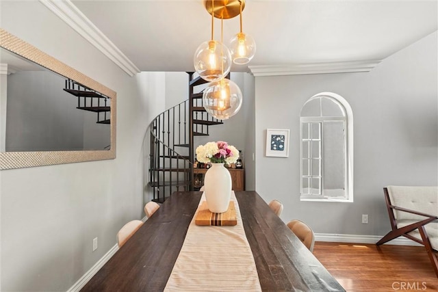 4211 Arch Dr Unit 201, Studio City, CA 91604 - dining room featuring stairs, wood finished floors, and ornamental molding