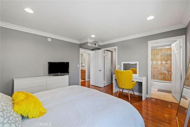 4211 Arch Dr Unit 201, Studio City, CA 91604 - bedroom featuring crown molding, wood finished floors, recessed lighting, and ensuite bathroom