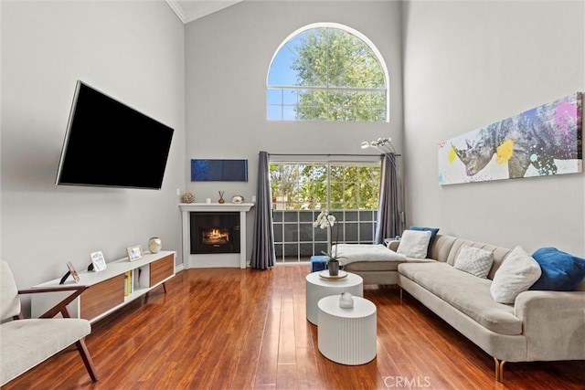 4211 Arch Dr Unit 201, Studio City, CA 91604 - living area with wood finished floors, a towering ceiling, crown molding, and a lit fireplace