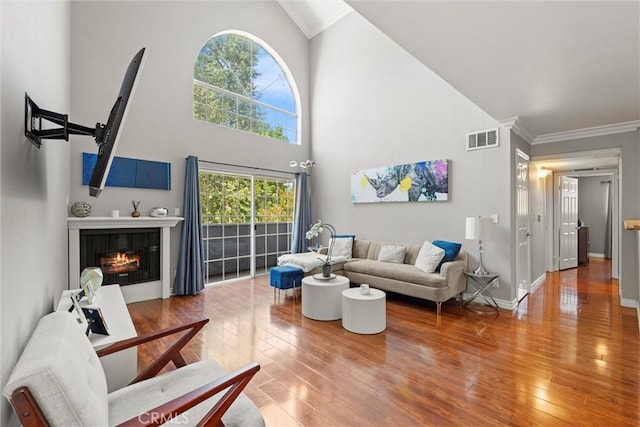 4211 Arch Dr Unit 201, Studio City, CA 91604 - living room with crown molding, wood-type flooring, a glass covered fireplace, and high vaulted ceiling