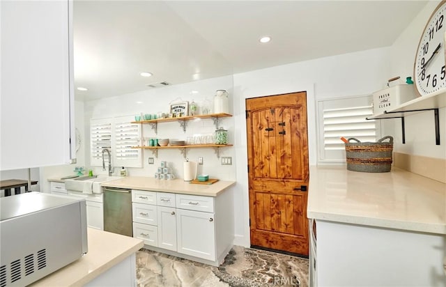 728 Euclid St, Santa Monica, CA 90402 - kitchen featuring open shelves, white cabinets, dishwasher, light countertops, and recessed lighting