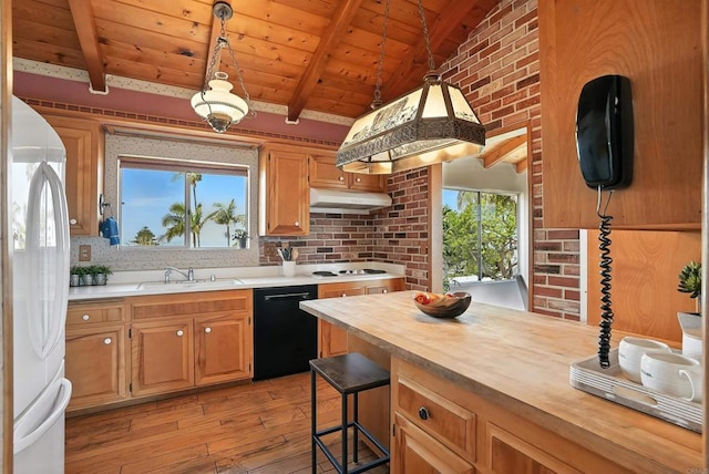 311 Corto, Solana Beach, CA 92075 - kitchen featuring white appliances, light wood-type flooring, wood ceiling, butcher block countertops, and tasteful backsplash