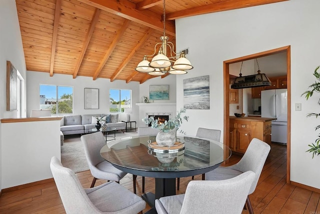 311 Corto, Solana Beach, CA 92075 - dining area with a wood ceiling with exposed beams, a chandelier, hardwood / wood-style floors, a lit fireplace, and high vaulted ceiling