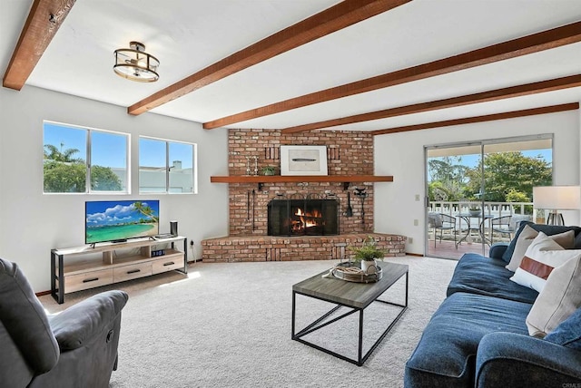 311 Corto, Solana Beach, CA 92075 - carpeted living area featuring beamed ceiling and a fireplace
