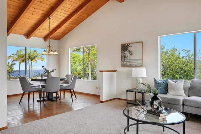 311 Corto, Solana Beach, CA 92075 - carpeted living area featuring a wood ceiling with exposed beams, high vaulted ceiling, wood finished floors, and a chandelier