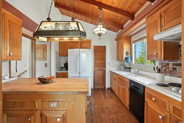 311 Corto, Solana Beach, CA 92075 - kitchen with dishwasher, freestanding refrigerator, wooden ceiling, wood counters, and dark wood-style floors
