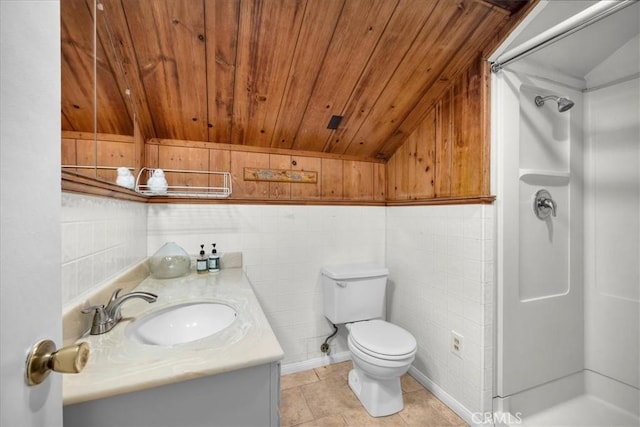 11 Dapplegray Ln, Rolling Hills Estates, CA 90274 - bathroom with wood ceiling, a stall shower, vanity, lofted ceiling, and tile patterned flooring