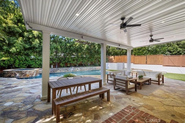 11 Dapplegray Ln, Rolling Hills Estates, CA 90274 - fenced backyard featuring an outdoor hangout area, a patio, and a ceiling fan