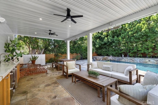 11 Dapplegray Ln, Rolling Hills Estates, CA 90274 - fenced backyard with outdoor lounge area, a patio area, and a ceiling fan