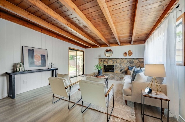 5856 E Scrivener St, Long Beach, CA 90808 - living area featuring wood finished floors, a wooden ceiling with exposed beams, a fireplace, and wood walls
