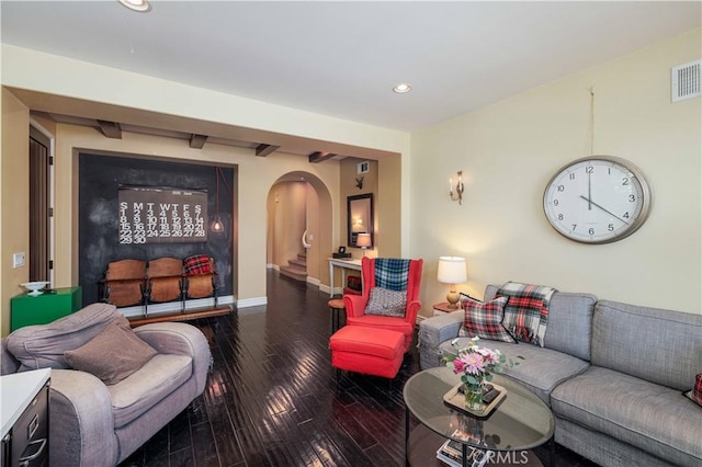 1759 Crebs Way, Upland, CA 91784 - living room featuring arched walkways, wood-type flooring, recessed lighting, and stairway