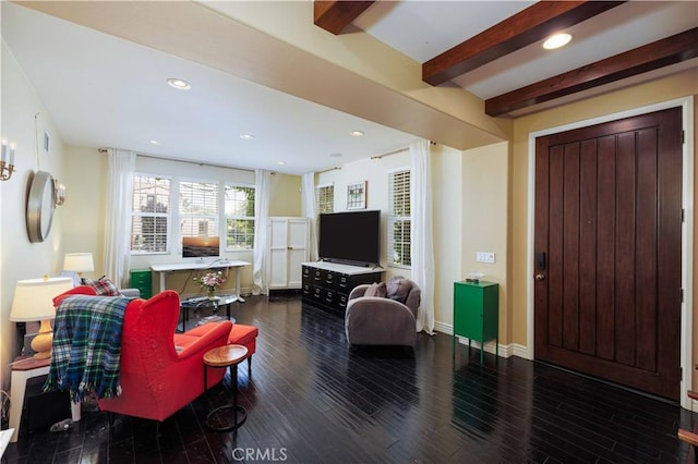 1759 Crebs Way, Upland, CA 91784 - living area featuring beamed ceiling, wood finished floors, and recessed lighting