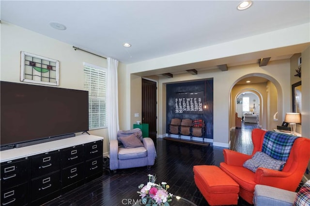 1759 Crebs Way, Upland, CA 91784 - living area featuring wood finished floors, arched walkways, recessed lighting, and plenty of natural light