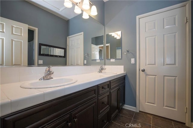 1759 Crebs Way, Upland, CA 91784 - full bath with double vanity, tile patterned flooring, and a chandelier