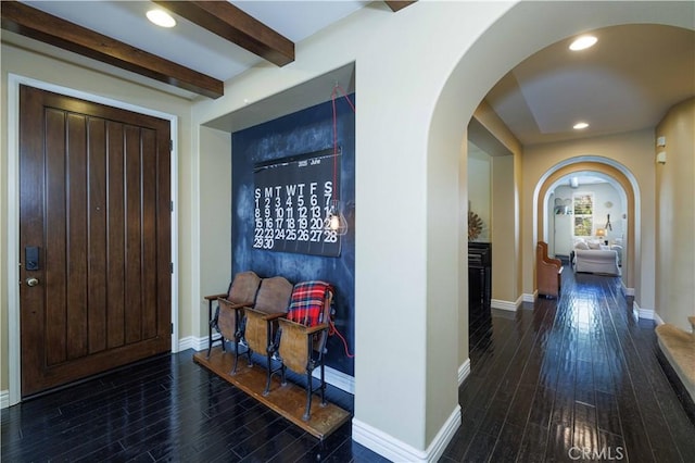 1759 Crebs Way, Upland, CA 91784 - corridor featuring arched walkways, wood finished floors, beam ceiling, and recessed lighting