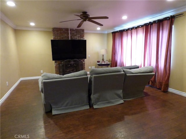 630 W Santa Cruz St, San Pedro, CA 90731 - living area with a ceiling fan, crown molding, a brick fireplace, hardwood / wood-style floors, and recessed lighting