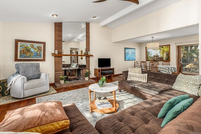 157 Beechtree Dr, Encinitas, CA 92024 - living room featuring wood finished floors, ceiling fan, and a brick fireplace