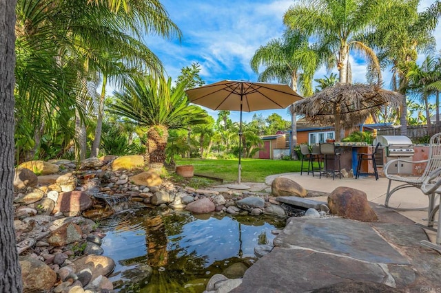 157 Beechtree Dr, Encinitas, CA 92024 - view of patio / terrace with a garden pond and area for grilling