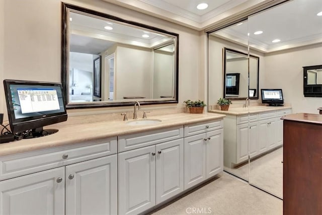 28021 Paseo Reposo, San Juan Capistrano, CA 92675 - bathroom with ornamental molding, vanity, recessed lighting, and a raised ceiling