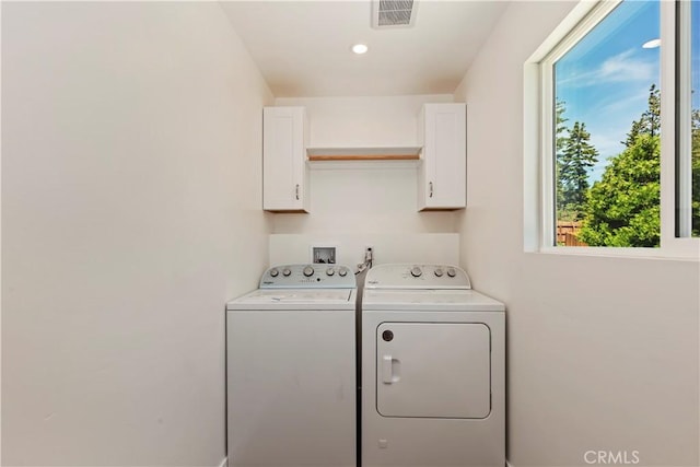 26182 Sky Ridge Dr, Twin Peaks, CA 92391 - laundry area featuring cabinet space, washing machine and clothes dryer, and recessed lighting