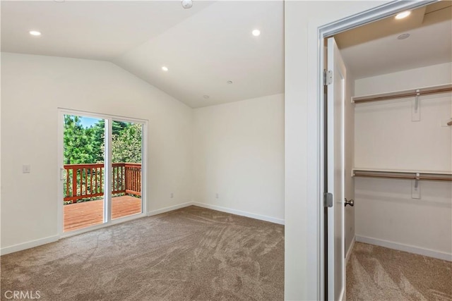 26182 Sky Ridge Dr, Twin Peaks, CA 92391 - unfurnished bedroom with access to outside, carpet flooring, lofted ceiling, and recessed lighting