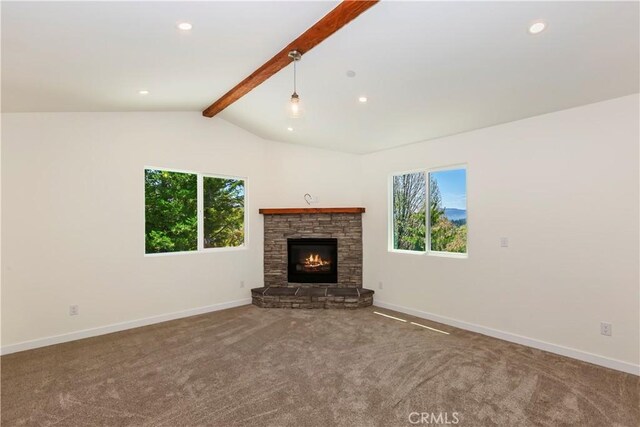26182 Sky Ridge Dr, Twin Peaks, CA 92391 - unfurnished living room featuring plenty of natural light, a fireplace, carpet floors, and recessed lighting