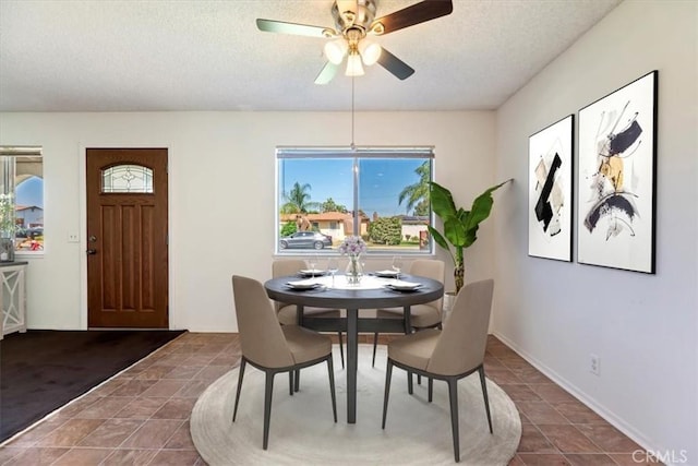 12976 Rhodes Pl, Chino, CA 91710 - dining space featuring a textured ceiling, dark tile patterned flooring, and a ceiling fan