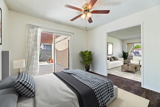 12976 Rhodes Pl, Chino, CA 91710 - bedroom with access to exterior, wood finished floors, a textured ceiling, and ceiling fan