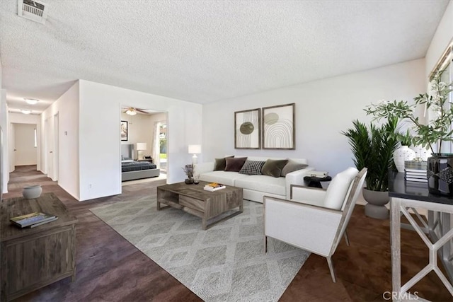 12976 Rhodes Pl, Chino, CA 91710 - living room featuring a textured ceiling, a ceiling fan, and carpet floors