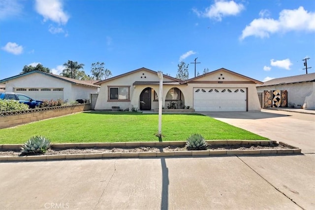12976 Rhodes Pl, Chino, CA 91710 - ranch-style house featuring an attached garage, a front lawn, driveway, and stucco siding