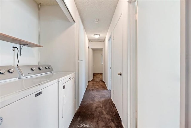 12976 Rhodes Pl, Chino, CA 91710 - washroom with dark colored carpet, a textured ceiling, and washing machine and clothes dryer