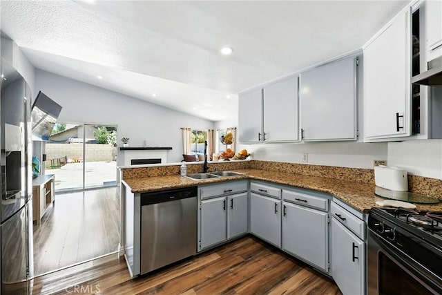 2027 Cape Cod Ln, Palmdale, CA 93550 - kitchen with appliances with stainless steel finishes, lofted ceiling, a peninsula, dark wood-style floors, and recessed lighting