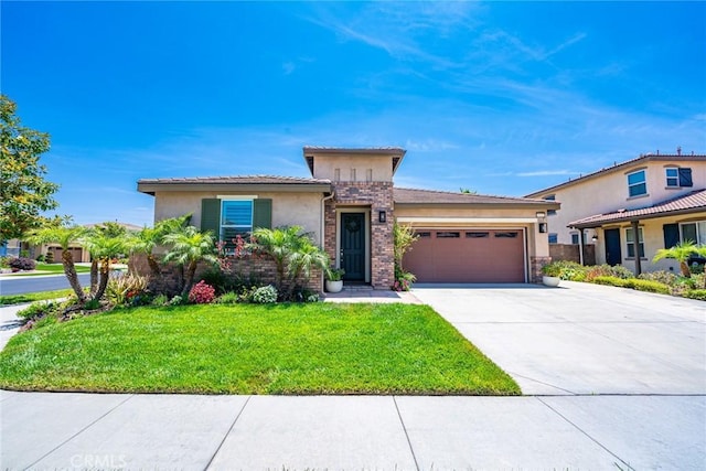 13211 Baxter Springs Dr, Rancho Cucamonga, CA 91739 - view of front of home featuring stucco siding, a garage, a front lawn, concrete driveway, and stone siding