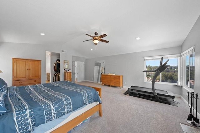 3676 Valley Rd, Bonita, CA 91902 - bedroom featuring lofted ceiling, light carpet, a ceiling fan, a spacious closet, and recessed lighting