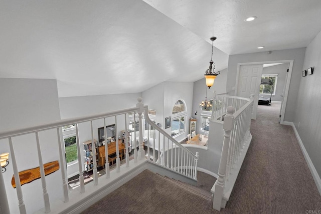 3676 Valley Rd, Bonita, CA 91902 - stairs featuring vaulted ceiling, carpet floors, recessed lighting, and a chandelier