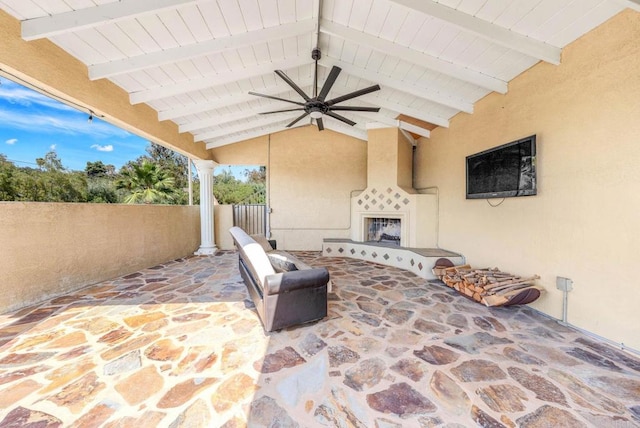 3676 Valley Rd, Bonita, CA 91902 - view of patio with ceiling fan and a large fireplace