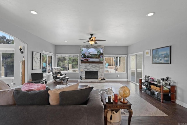 3676 Valley Rd, Bonita, CA 91902 - living area featuring wood finished floors, a stone fireplace, recessed lighting, and ceiling fan