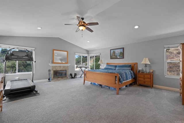 3676 Valley Rd, Bonita, CA 91902 - bedroom featuring vaulted ceiling, carpet floors, a fireplace, ceiling fan, and recessed lighting