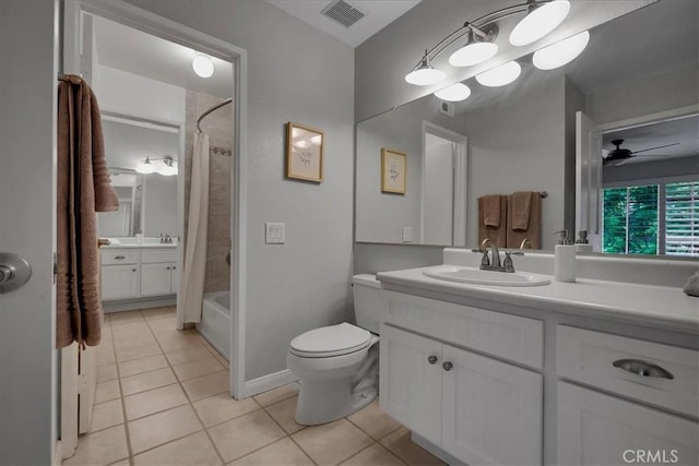 11 Exeter, Irvine, CA 92612 - full bathroom featuring tile patterned floors, vanity, ceiling fan, and shower / bath combo with shower curtain
