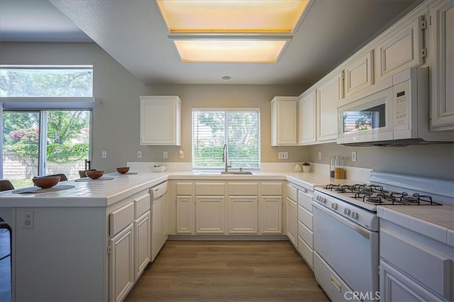 3087 Arbor Glen Ct, Corona, CA 92879 - kitchen featuring white appliances, a peninsula, plenty of natural light, and wood finished floors