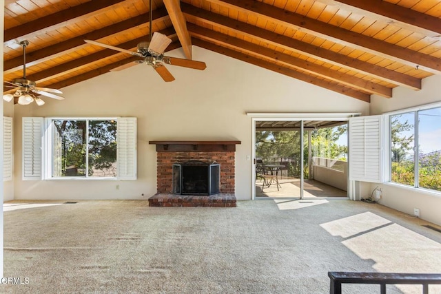 5240 Ramsdell Ave, La Crescenta, CA 91214 - unfurnished living room with a wood ceiling with exposed beams, ceiling fan, healthy amount of natural light, carpet flooring, and high vaulted ceiling