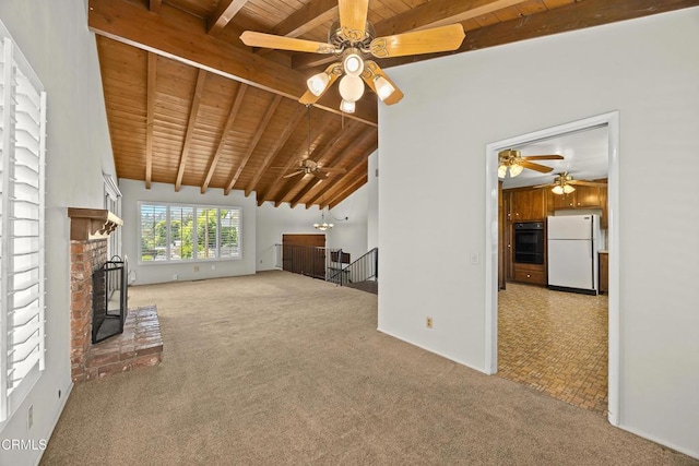 5240 Ramsdell Ave, La Crescenta, CA 91214 - unfurnished living room featuring wood ceiling, ceiling fan, carpet flooring, and a brick fireplace