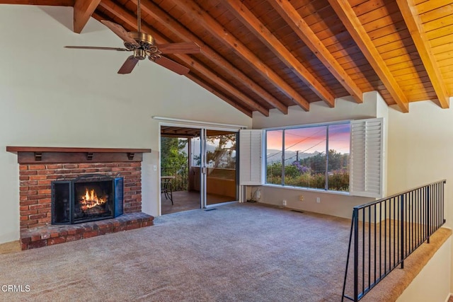 5240 Ramsdell Ave, La Crescenta, CA 91214 - unfurnished living room featuring a wood ceiling with exposed beams, carpet, a brick fireplace, ceiling fan, and high vaulted ceiling