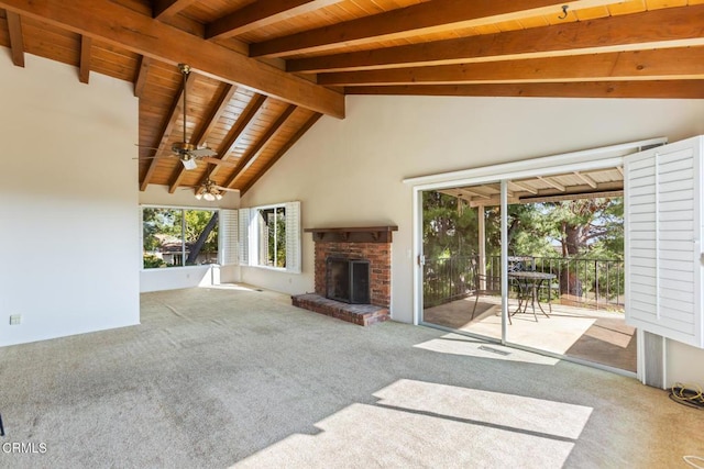 5240 Ramsdell Ave, La Crescenta, CA 91214 - unfurnished living room featuring wooden ceiling, carpet floors, and an outdoor brick fireplace