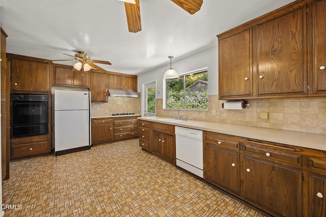 5240 Ramsdell Ave, La Crescenta, CA 91214 - kitchen featuring white appliances, a ceiling fan, a warming drawer, under cabinet range hood, and light countertops