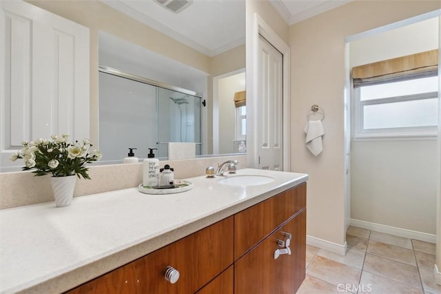 4441 Avocado Ave, Yorba Linda, CA 92886 - bathroom with vanity, crown molding, a shower with shower door, and tile patterned flooring