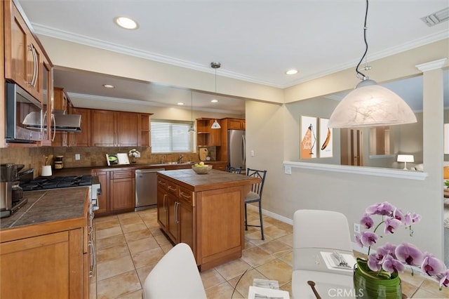 4441 Avocado Ave, Yorba Linda, CA 92886 - kitchen featuring stainless steel appliances, open shelves, backsplash, brown cabinets, and ornamental molding