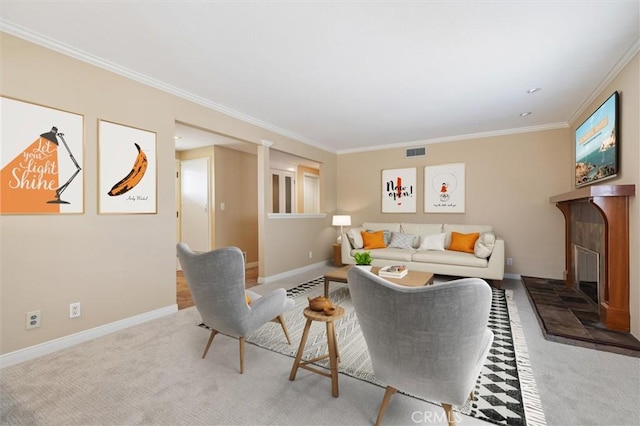 4441 Avocado Ave, Yorba Linda, CA 92886 - carpeted living area with ornamental molding and a glass covered fireplace