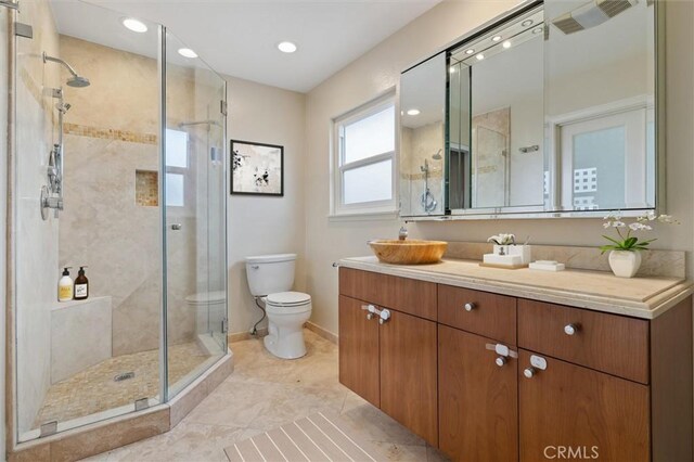 4441 Avocado Ave, Yorba Linda, CA 92886 - bathroom with a shower stall, vanity, recessed lighting, and tile patterned flooring